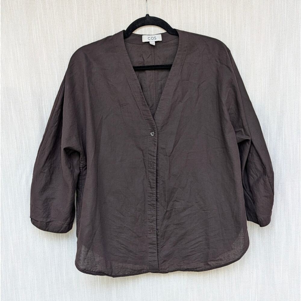 COS V-Neck Linen-Cotton Shirt Womens S Brown 3/4 Sleeve Button-up Relaxed - Picture 2 of 10